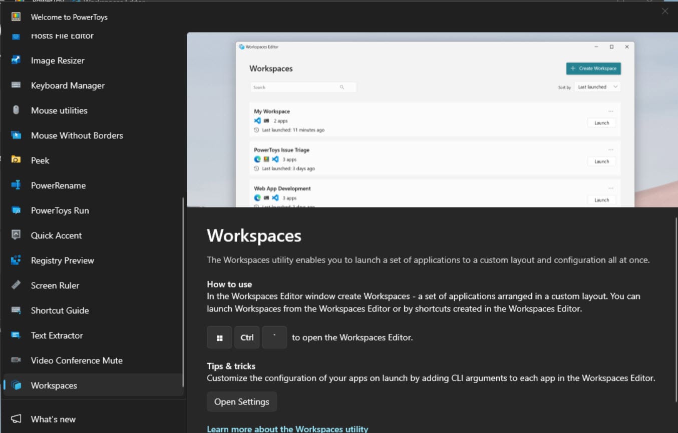 PowerToys new Workspaces feature